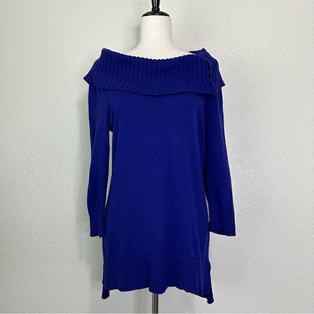 Chico’s Royal Blue Buttoned Boat Off Shoulder Neck Sweater, Sz Medium